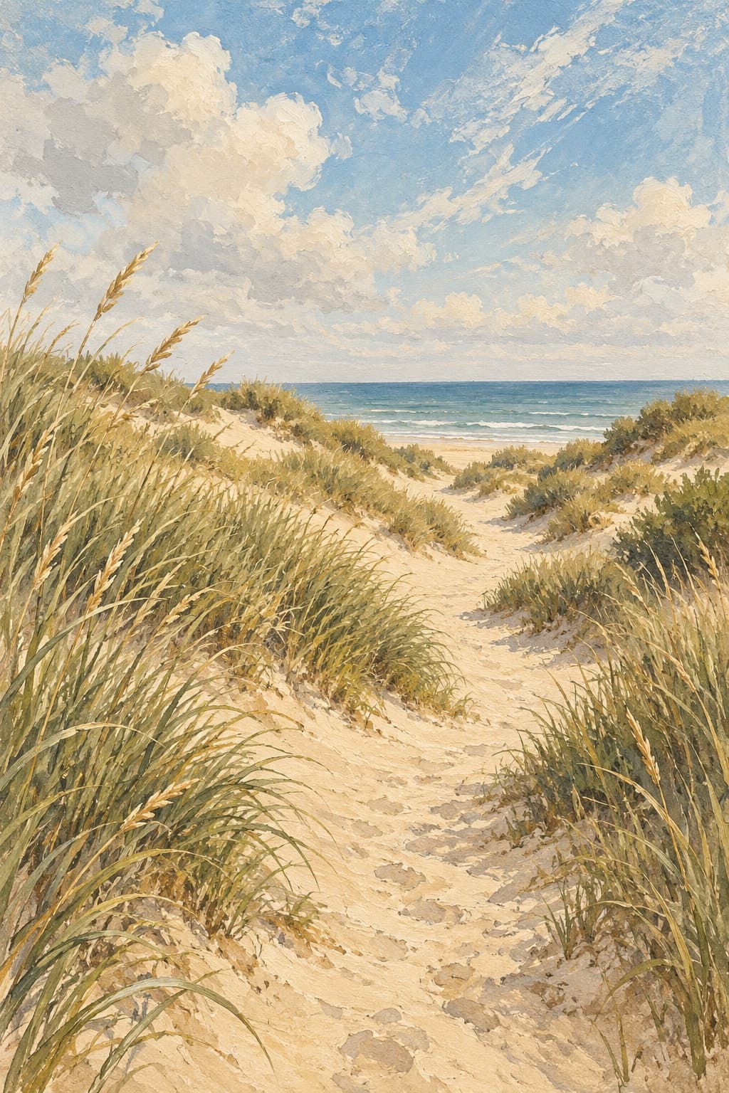 Dune Light — Sandy tones and coastal grasses capture the quiet warmth of a dune walk. Neutral coastal wall art that pairs naturally with wood and linen.