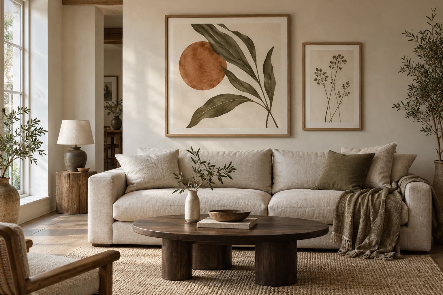 A calm living room with warm natural materials and botanical artwork